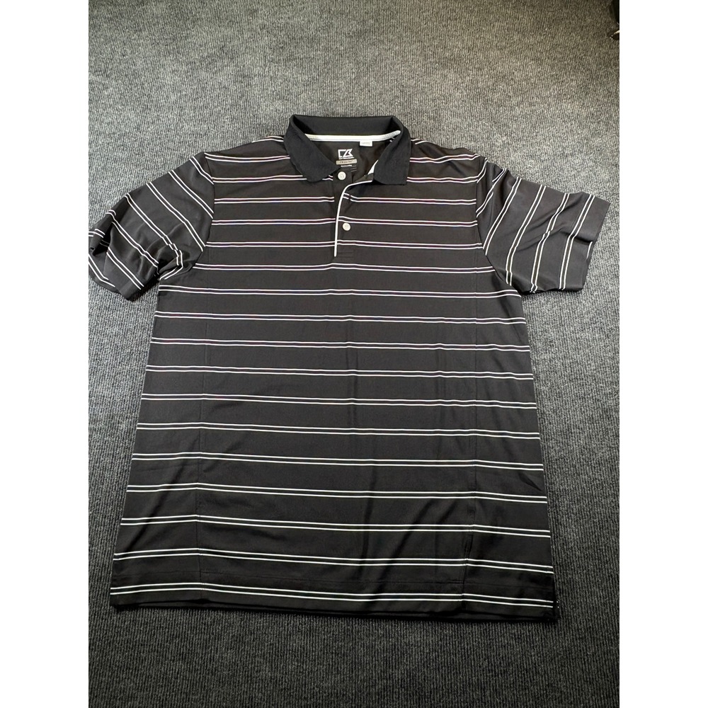 Cutter & Buck Mens CB DryTec Striped Polo Shirt Black White Large Short Sleeve